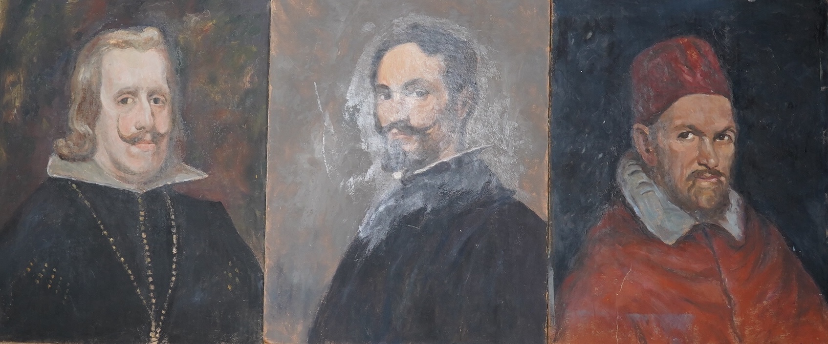 Ernest Waldron West (1904-1994), three oils on board/cardboard, Portraits of historical figures comprising Pope Innocent X, Velazquez and Philip IV of Spain, one signed, each 46 x 36cm, unframed. Condition - fair